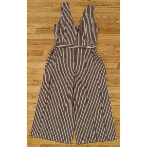 Wide Leg Linen Blend Jumpsuit Romper Sleeveless Pinstriped Pockets Wrap Belt XL - Picture 2 of 16